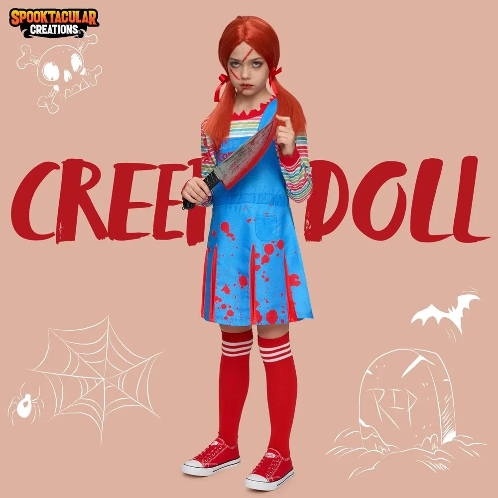 Girls Creepy Doll Costume Size S 5-7yrs Dress Shirt Socks Spooktacular Creations